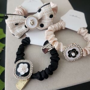 Set of 3 Satin Hair Ties Tweed Bow Camellia Flower New